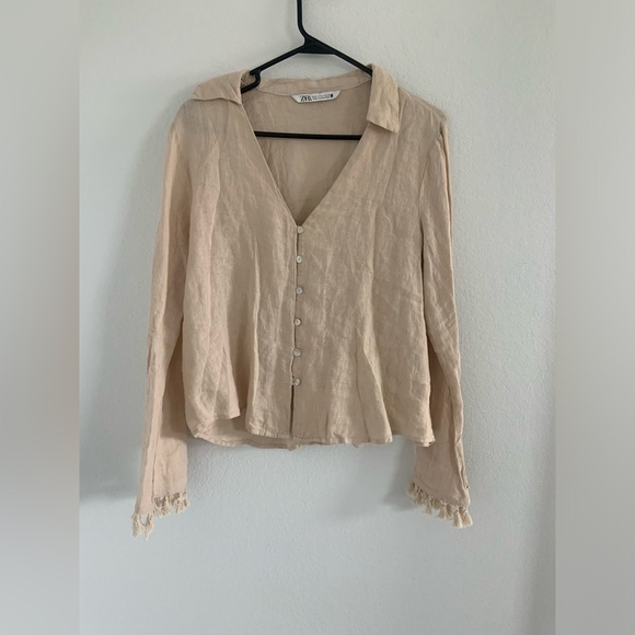 Zara Linen Fringe Bell Sleeve Button Down Shirt - Picture 9 of 9